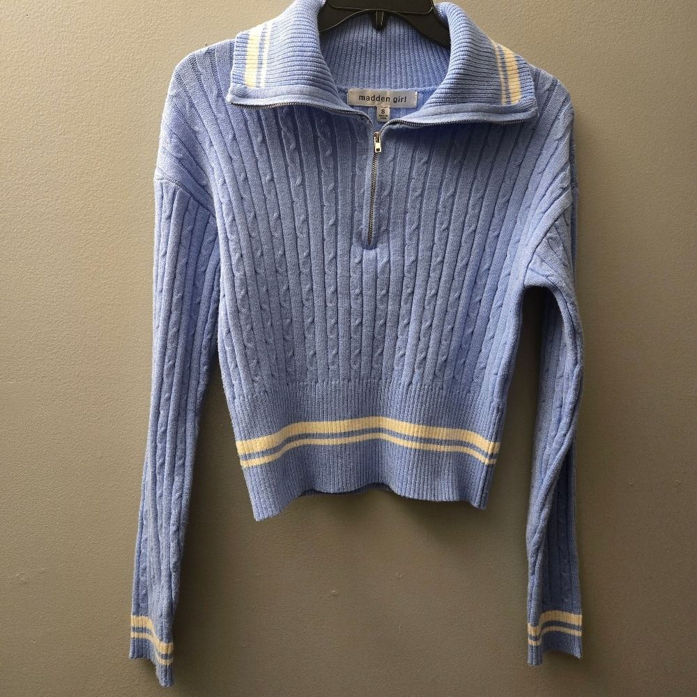 Madden Girl Junior Girls Teens Cable Knit Sailor Collar Quarter Zip Sweater Top